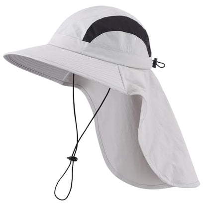 Home Prefer UPF 50+ Sun Hats for Men Women Wide Brim Fishing Hat with Neck Flap UV Protection Sunblock Safari Bucket Hat - color: Light Grey