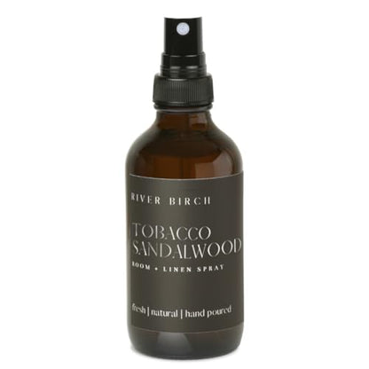 River Birch Tobacco Sandalwood Scented Linen and Room Spray | Home Fragrance | 4 oz Glass Amber Bottle | Luxury Signature Scent | Handmade in Texas - color: Tobacco Sandalwood