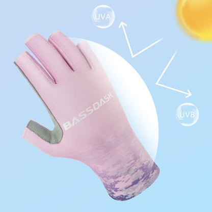 Bassdash ALTIMATE UPF 50+ Women’s Fishing Gloves UV Sun Protection Fingerless Gloves for Kayaking Paddling Hiking Cycling Driving Shooting Training - color: Pink Digital Gradient, size: X-Small