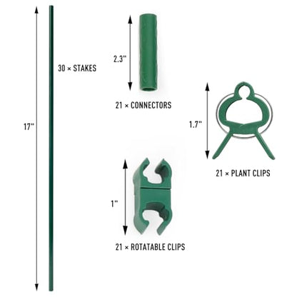 MAXPACE 93pcs Garden Stakes Kit: Includes 30 Sets of Fiberglass Plant Sticks Supports & Accessories for DIY 4ft, 5ft, 6ft, 7ft Stakes for Tomato, Vegetables, Indoor & Outdoor Gardening Supplies - size: 17inch 30pcs