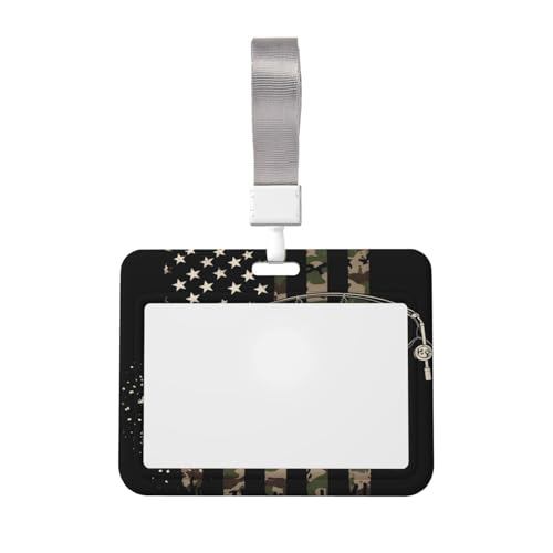 Rugged Bass Fishing American Flag Patriotic Camo Fishing Art Durable ABS Badge Holder with Sliding Cover & Neck Strap