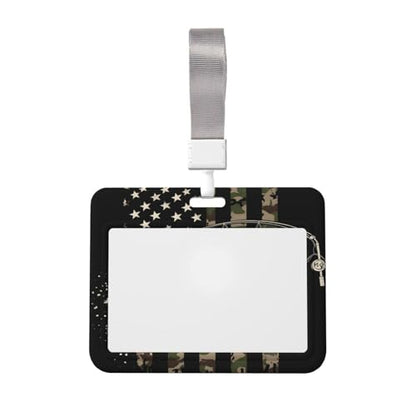 Rugged Bass Fishing American Flag Patriotic Camo Fishing Art Durable ABS Badge Holder with Sliding Cover & Neck Strap