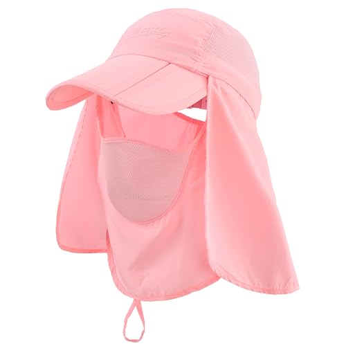 Connectyle Men's Foldable Baseball Sun Cap with Removable Face Mask Neck Flap Cover UPF 50+ Sun Protection Fishing Hiking Hat - color: Pink