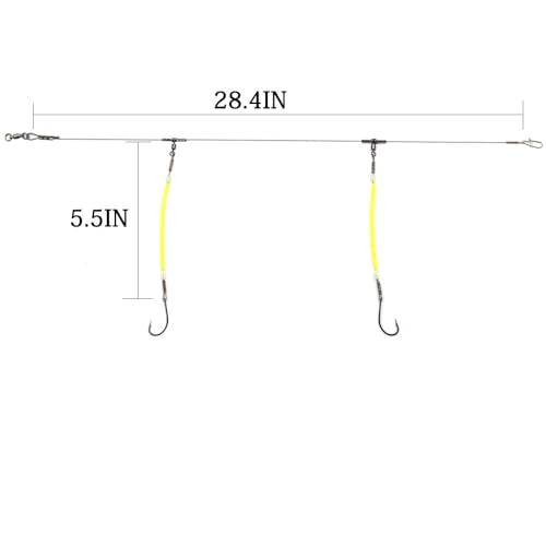 Saltwater Fishing Leaders, 49 Strands Stainless Steel Cable Tackle Rigs, Hooks, Swivels, Snap Connectors, Luminous Bead, 2 Arm Fishing Rig - size: 16#