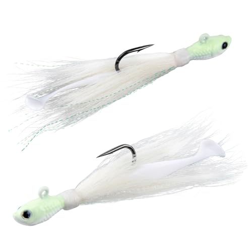 Dr.Fish 3 Pack Bucktail Jigs with Paddle Tail Swimbait Trailer, Saltwater Fishing Hair Jigs Buck Tail Lure White Surf Fishing Mackerel Flounder Bluefish Snapper - color: Glow in Dark, size: 2oz-Hook 7/0