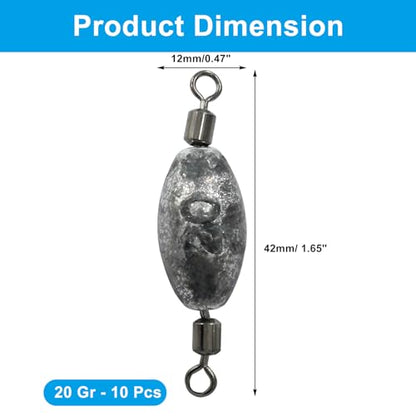 Uenhoy Fishing Weights Inline Trolling Fishing Sinker Tackle with Inner Swivels, Oval Drop Casting Fishing Weight Sinkers - size: 3/4 oz, 10pcs