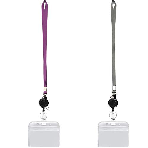2Pack Lanyards,Horizontal ID Badge Holders, Retractable Reel,Purple,Grey | Lightweight with Metal Hook,for Office etc - color: Grey&purple&badge Reel-badge Holder Horizontal