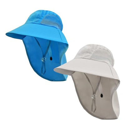 Rosoz Kids Sun Hat with Neck Flap UV Protection Summer Toddler Beach Hat Unisex Ponytail Hat Wide Brim Fishing Hat - color: 2pack-blue+light Grey