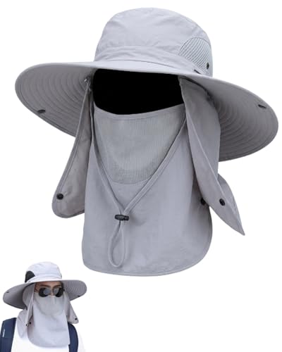Mens Sun Hat with Neck Flap & Face Cover UPF 50+ Ultimate 360° All Terrain UV Protection Wide Brim Bucket Hats Hiking Fishing - color: Light Gray