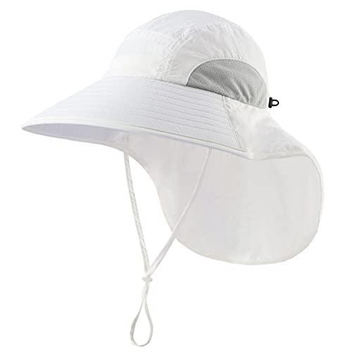 Connectyle Kids Large Brim UV Protection Sun Hat with Neck Flap Mesh Fishing Cap - color: White