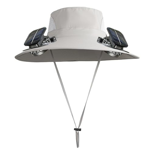 Solar Powered Fan Hat with 2 Fans, Wide Brim Sun Hat for Men Women, Adjustable Cooling Fishing Hat for Outdoor - color: Light Gray
