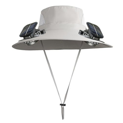 Solar Powered Fan Hat with 2 Fans, Wide Brim Sun Hat for Men Women, Adjustable Cooling Fishing Hat for Outdoor - color: Light Gray