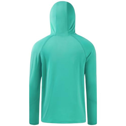 BASSDASH Youth UPF 50+ Hooded Shirts with Mask UV Neck Gaiter Sun Protection Long Sleeve T Shirt for Fishing Swim - color: Aqua Green, size: Medium