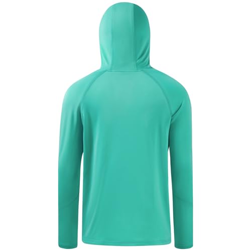 BASSDASH Youth UPF 50+ Hooded Shirts with Mask UV Neck Gaiter Sun Protection Long Sleeve T Shirt for Fishing Swim - color: Aqua Green, size: Large