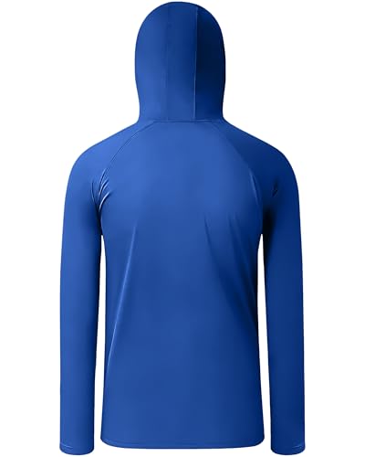 Boys Hooded Fishing Shirt with Mask, Kids UPF 50+ Long Sleeve Rash Guard Hoodie, Sun Protection Beach Swim Shirts - color: Blue, size: Small