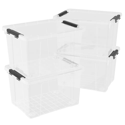 4 Pack 50 Quart Clear Plastic Storage Bins with Lids and Wheels, Large Stackable Latching Container Boxes for Clothes, Bedding, Garage Organization - size: 50 Quart