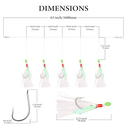 Sabikirigs Set Bait Rigs Saltwater Bait Saltwater Fish Skin Feather Hooks Salt Water Fishing Bait Rigs for Freshwater