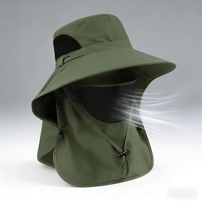 Sun Hat for Men and Women, UPF 50+ UV Protection, Wide Brim Breathable, Fish Hat with Neck Flap and Breathable Face Mask - color: Military Green