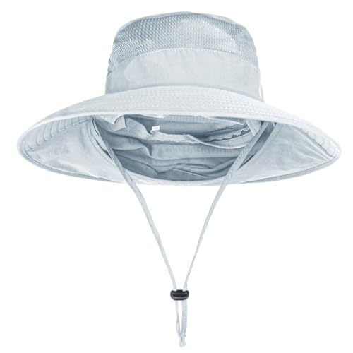 Sun Hats for Men Women Fishing Hat UPF 50+ Breathable Wide Brim Bucket Hats Summer UV Protection Safari Hat with Neck Flap - color: Light Grey