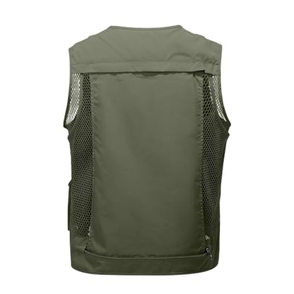 Men's Fishing Vest Casual Utility Lightweight Cargo Vest with Multi Pockets Outdoor Safari Photo Travel Jacket Vest - color: Y002- Army Green, size: Large