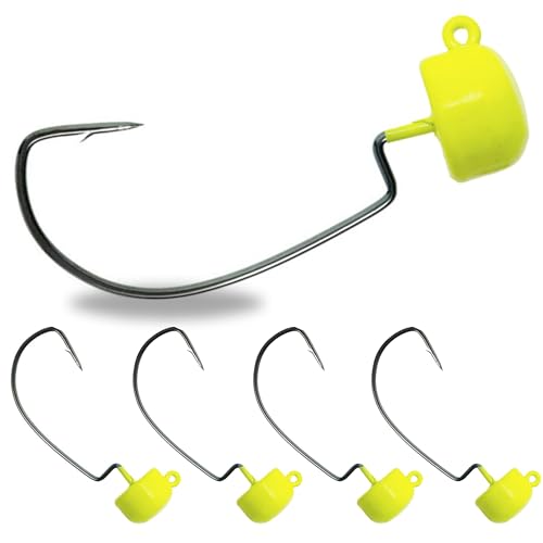 Reaction Tackle Tungsten Mushroom Head Jig Heads, Ned Rig Shroom Jigs for Finesse Bass Fishing, Stand Up Bait with Weedless and EWG Hook Options (5-Pack) - color: Chartreuse, size: 1/4 Oz EWG