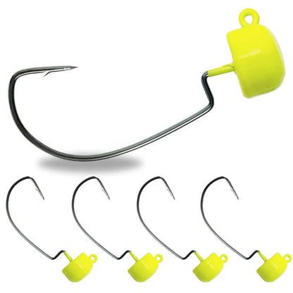 Reaction Tackle Tungsten Mushroom Head Jig Heads, Ned Rig Shroom Jigs for Finesse Bass Fishing, Stand Up Bait with Weedless and EWG Hook Options (5-Pack) - color: Chartreuse, size: 1/4 Oz EWG