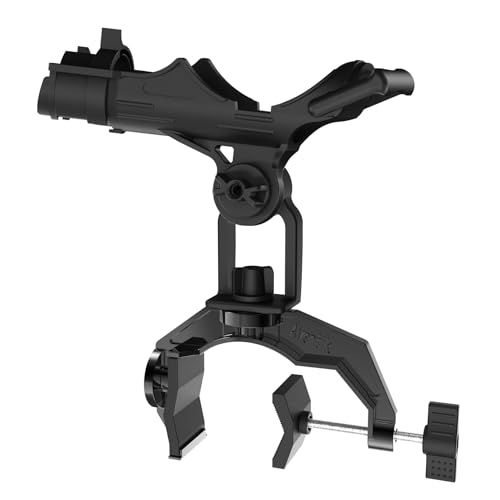Aluminum Boat Fishing Rod Holder with V-Clamp Mount | 360-degree rotation, V-shaped clamp for round or square rails. Universal open cradle for spinning, casting and fly reels.