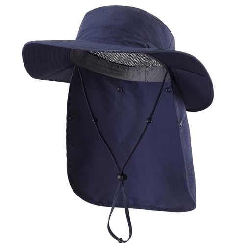 Home Prefer UPF 50+ Wide Brim Sun Hats with Neck Flap Sun Protection Hat for Men Women Gardening Fishing Summer Bucket Hat - color: Navy Blue