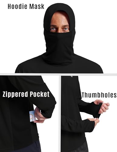 PINSPARK UPF 50+ Sun Protection Hoodie Men with Mask Quick Dry Long Sleeve Fishing Hiking Shirts UV Rash Guard Lightweight - color: Black, size: Small
