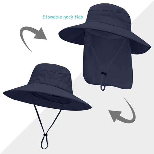 Sun Hats for Men Women, UPF50+ Protection Safari Hat,Wide Brim Fishing Hat with Neck Flap,Bucket Hats for Beach Hiking - color: Navy
