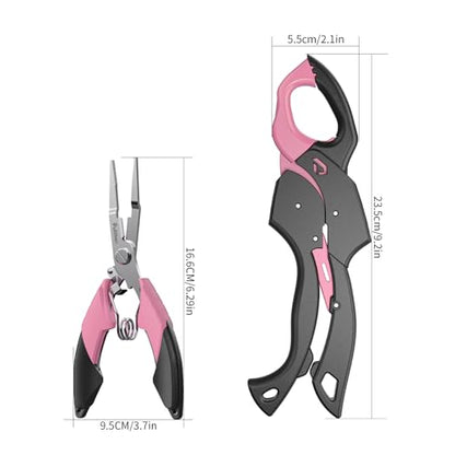 Fish Gripper 9.2",Muti-Function Line Cutter Fishing Pliers, Saltwater Fishing Tool Kit,Fishing Gear with Fishing Lanyard - color: pink
