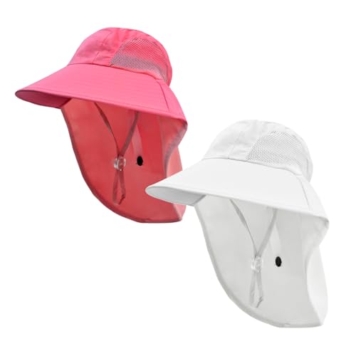 Rosoz Kids Sun Hat with Neck Flap UV Protection Summer Toddler Beach Hat Unisex Ponytail Hat Wide Brim Fishing Hat - color: Rose Red+white
