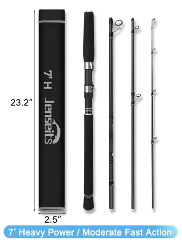 Jenseits 7FT Fishing Rod, 24T Carbon Fiber Telescopic & 4-Piece Travel Rod, Spin and Cast Options, Stainless Steel Guides with Ceramic Inserts, for Bass, Trout, Catfish, Freshwater & Inshore Fishing - size: Spin-7ft-Heavy-MFast