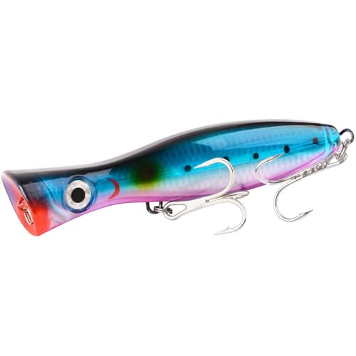 Popper Fishing Lure, JAZALIC 1 PCS Topwater Popper Lures 3D Eyes Fishing Accessories for Saltwater Surface Casting and Freshwater Gt Tuna Kingfish Large Predator Fish (6.3in, 2.82Oz) - color: Blue