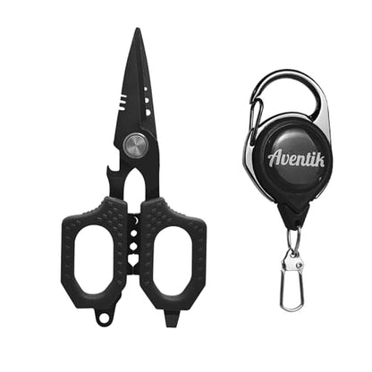 Eupheng Multifunction 4.7" Pro Fishing Scissors,Dual Serrated Blades Titanium-Coated Fishing Shears with Zinger Retractor Clip,Compatible with Braided Line,Mono and Fluorocarbon - style: 4.7in Black Scissors +Black Zinger
