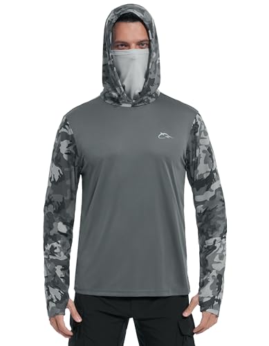 FISHEAL Men's Performance Fishing Hoodie Shirt - UPF 50+ UV Sun Protection Long Sleeve Shirts with Mesh Face Mask - color: Mask: Charcoal Gray, size: Medium