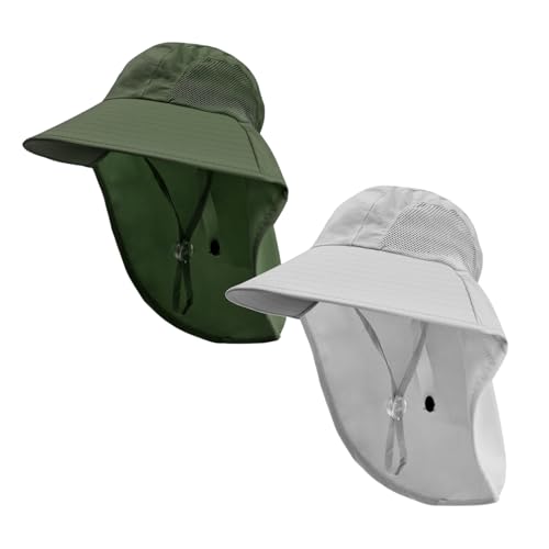 Rosoz Kids Sun Hat with Neck Flap UV Protection Summer Toddler Beach Hat Unisex Ponytail Hat Wide Brim Fishing Hat - color: Dark Green+light Grey