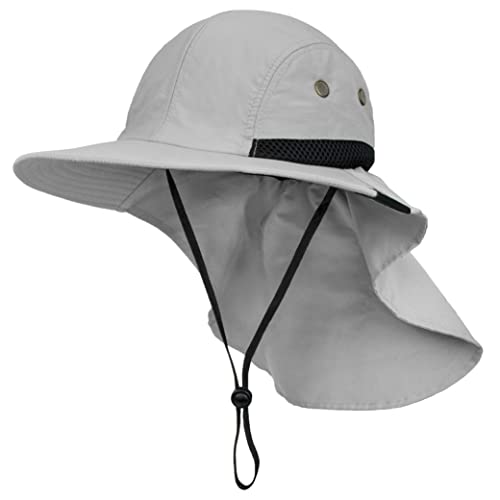 SUN CUBE UPF50+ Sun Hat for Men Women with Neck Flap, Wide Brim UV Protection Fishing Safari Hat for Hiking Beach Gardening - color: Light Gray