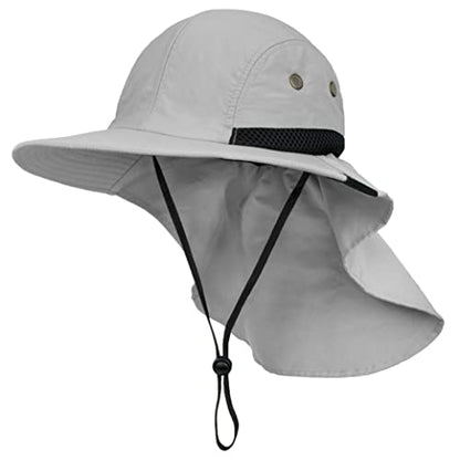 SUN CUBE UPF50+ Sun Hat for Men Women with Neck Flap, Wide Brim UV Protection Fishing Safari Hat for Hiking Beach Gardening - color: Light Gray
