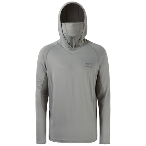 BASSDASH UPF 50+ Men’s Long Sleeve Fishing Shirt with Mask UV Neck Gaiter Hoodie - color: Ash Grey, size: 4X-Large