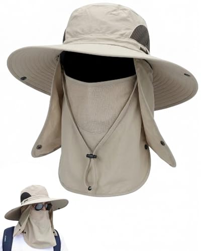 Mens Sun Hat with Neck Flap & Face Cover UPF 50+ Ultimate 360° All Terrain UV Protection Wide Brim Bucket Hats Hiking Fishing - color: Khaki