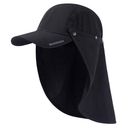 BASSDASH UPF 50+ Foldable Fishing Hat Baseball Cap with Removable Neck Flap Portable for Men Women Golf Hiking - color: Black With Unfoldable Brim