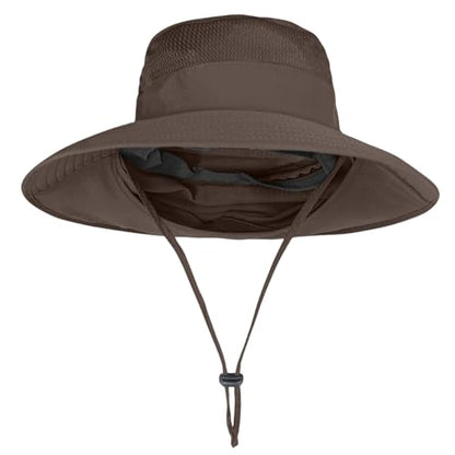 Sun Hats for Men Women Fishing Hat UPF 50+ Breathable Wide Brim Bucket Hats Summer UV Protection Safari Hat with Neck Flap - color: Coffee