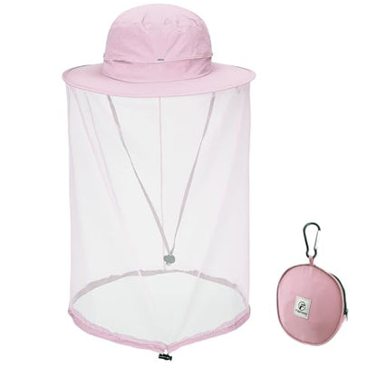 Flammi Mosquito Net Hat Safari Hat UPF 50+ Sun Protection Boonie Hats for Men with Neck Flap Fishing Hiking Hat for Men/Women - color: Pink