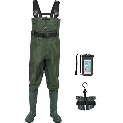 TIDEWE Bootfoot Chest Wader, 2-Ply Nylon/PVC Waterproof Fishing Hunting Waders with Boot Hanger for Men Women Green Brown - color: Green, size: M5/W7