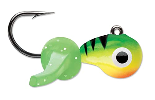 VMC Tungsten Mustache Jig, High-Density Ice Fishing Jig with Lifelike Larvae Body and Soft Appendages for Panfish, Crappie, Bluegill, Perch, and Trout - color: Glow Fire, size: 1/32 oz.