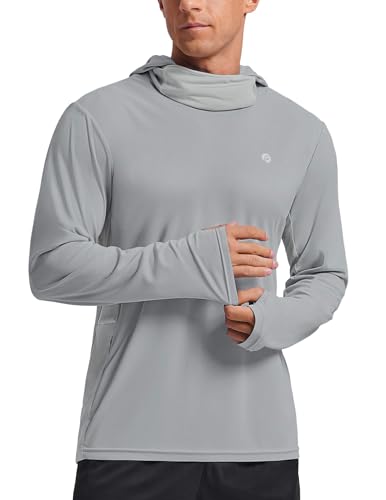 PINSPARK UPF 50+ Sun Protection Hoodie Men with Mask Quick Dry Long Sleeve Fishing Hiking Shirts UV Rash Guard Lightweight - color: Light Grey, size: X-Large