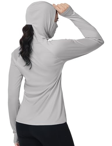 isnowood Women's Sun Protection Hoodie UPF 50+ Hiking Fishing Shirt, Long Sleeve UV Rash Guard with Face Mask Lightweight - color: Light Grey, size: Small
