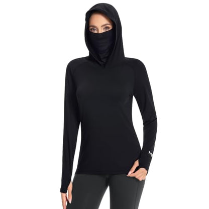 BASSDASH Women’s UPF 50+ Hoodie Shirt with Breathable Face Mask - color: Black, size: Medium