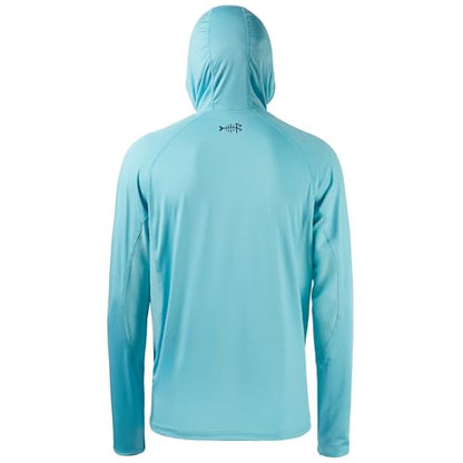 BASSDASH UPF 50+ Men’s Long Sleeve Fishing Shirt with Mask UV Neck Gaiter Hoodie - color: Turquoise, size: Large